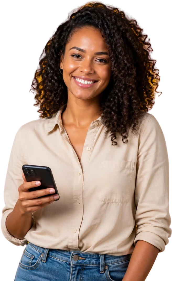 Cliente sorridente segurando o celular